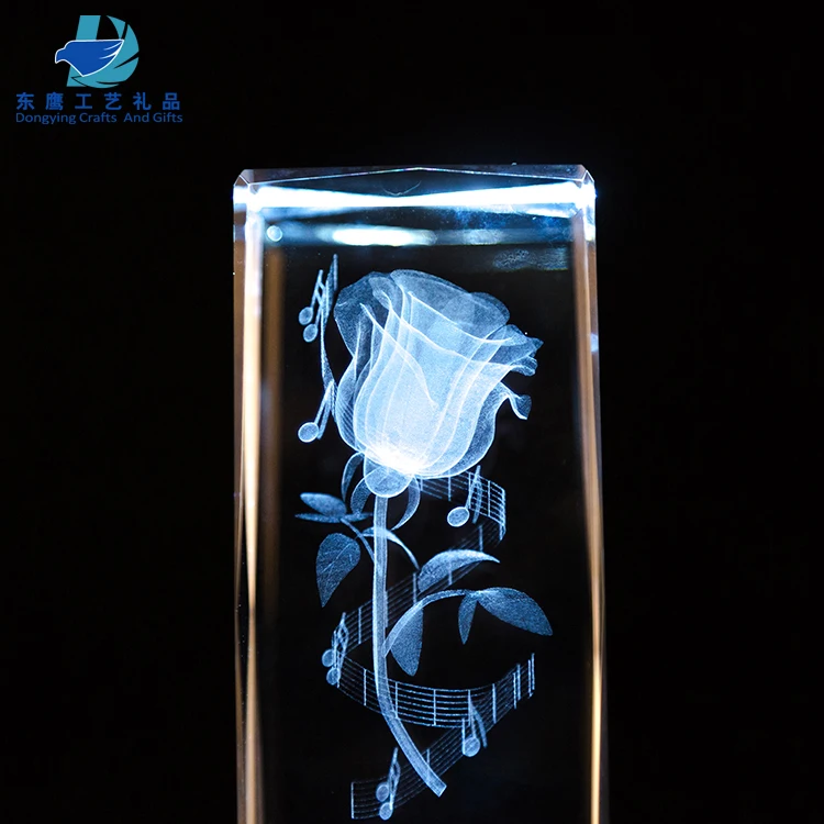 Pujiang Manufacture 3D Laser Rose Crystal Cube Wedding Gift For Souvenir