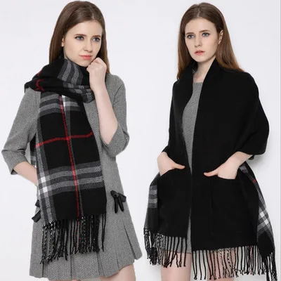 
Reversible Long Scarf Cashmere Feel Stole with Pocket Europe and America oversized thick pocket fringed cashmere plaid scarves 