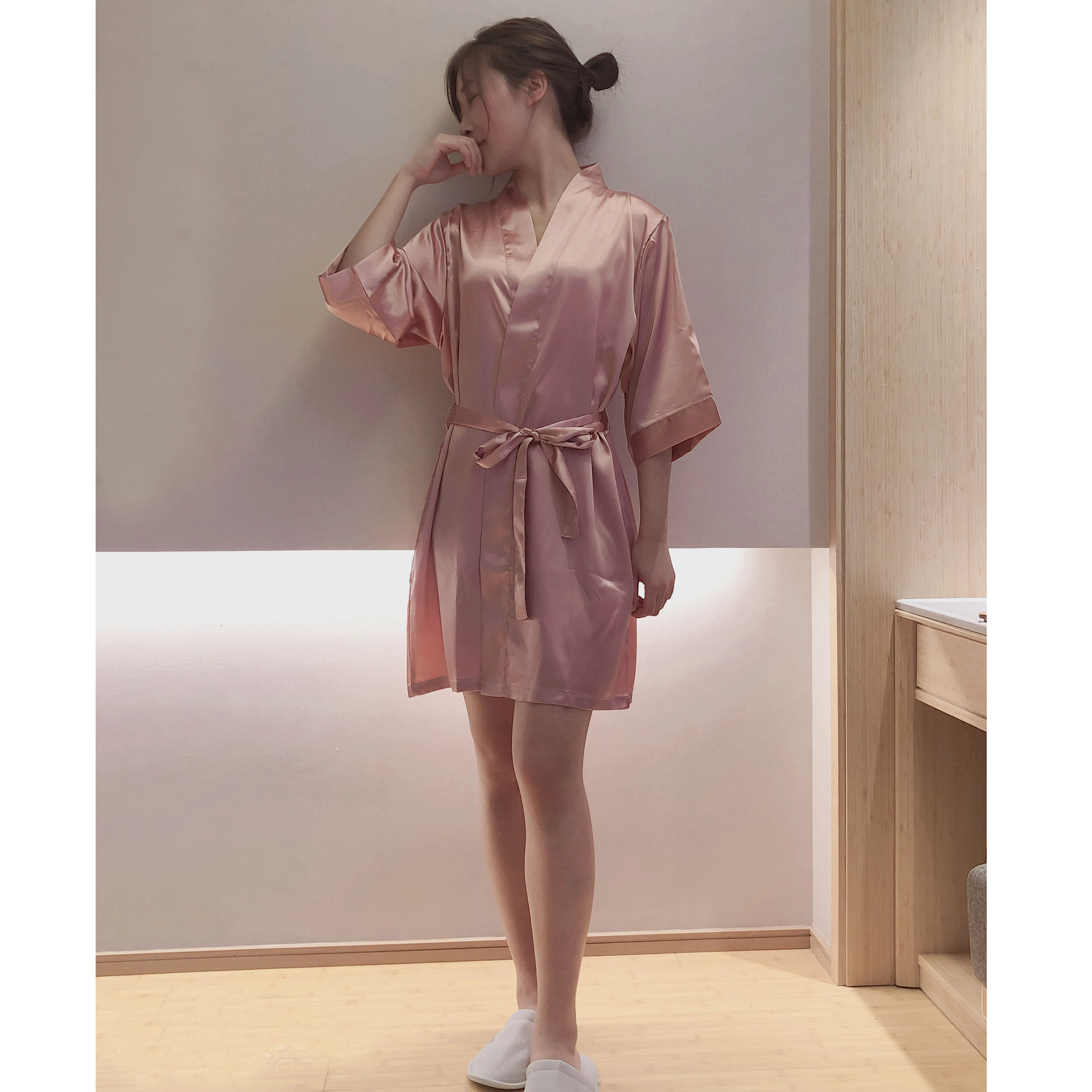 cheap silk like satin women kimono style wedding bath blank robe