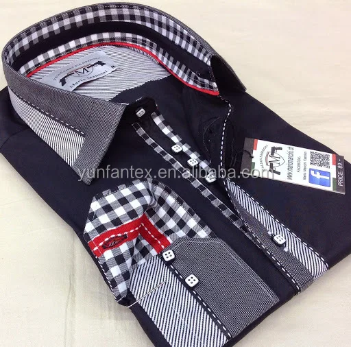 
2021 Italian fashion POPLIN check contrast collar and cuff long sleeve shirt double collar 