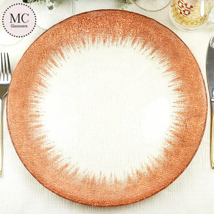 Custom glass silver plate chargers for wedding dinner