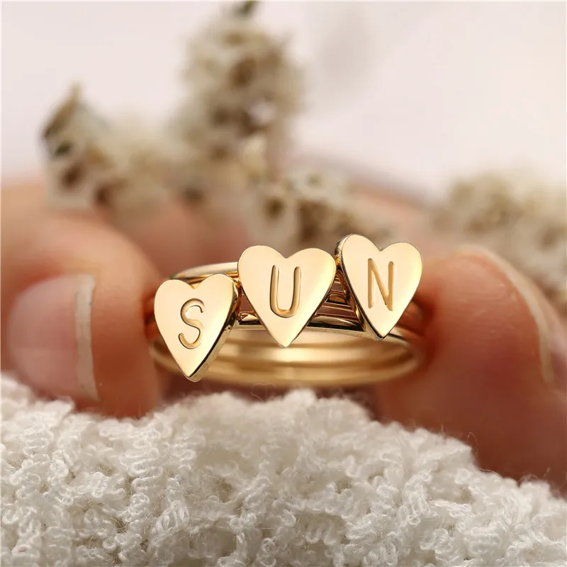 
Simple Hand Stamped Stacking Monogram Ring Initial Heart Drop Engraved Letter Gold Color Ring Gift for Women Jewelry 
