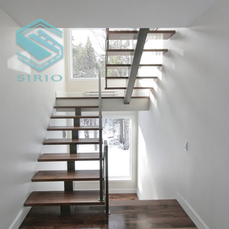 
Laminated Safety Glass stairs with Metal Single Beam Staircase and wood treads 