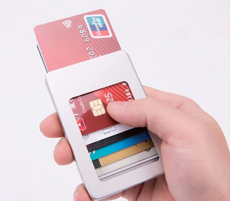 Wholesale newest men slim automatic sliding pop up money clip rfid ogon aluminum wallet