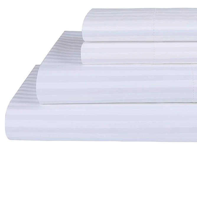 Home Linen 600 Thread Count 100% Cotton Sheets, 1CM Damask Stripe White Queen Sheets 4 Piece ELS Cotton Bed Sheet Set