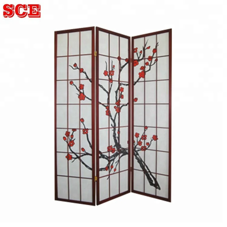 Japanese 3-Panel Wooden folding screen room divider