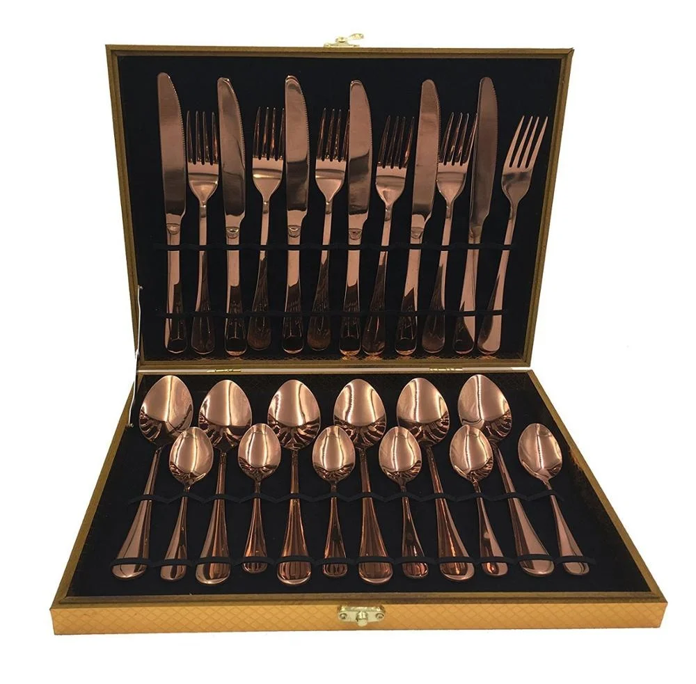 Stainless steel inox tableware 16pcs copper plated cutlery, 24pcs fork and spoon flatware silverware set with wood case
