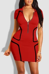 Sexy v-neck zipper short sleeve stripe splicing bodycon dress women one piece mini dress