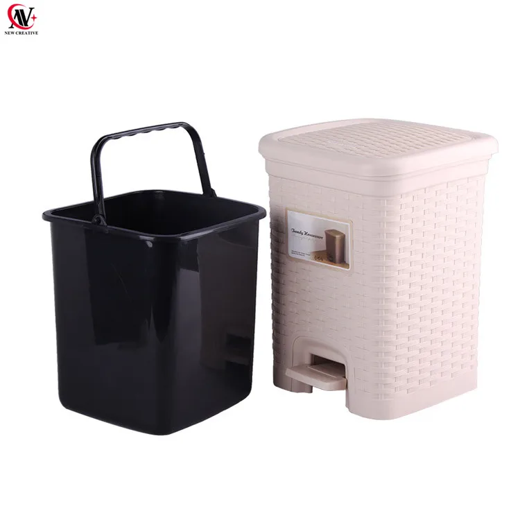 kitchen rattan woven pedal trash bin 6L rectangle waste can with inner bucket