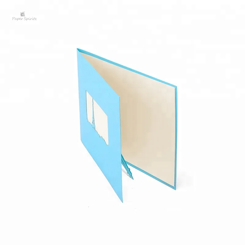 3D greeting card blue Eiffel Tower papercuting origami gift pop up cards