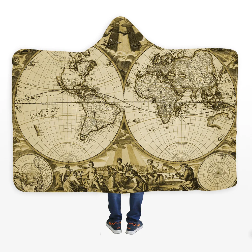 
Sheepskin scroll vintage map with hooded cape blanket and thickened office hat blanket 