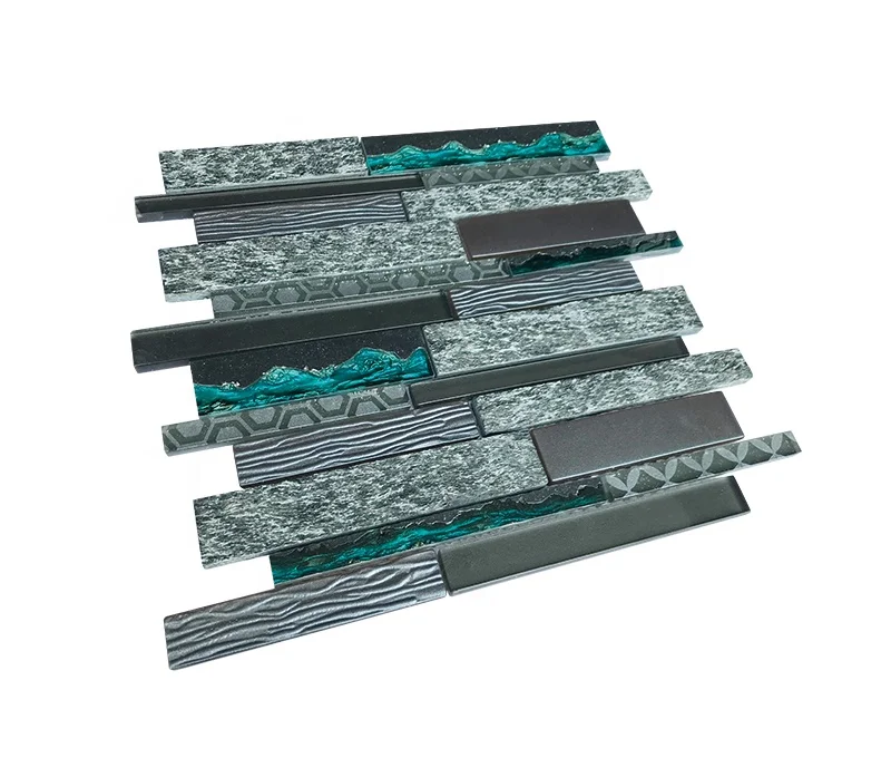 Wall Decorative Backsplash Tile Irregular Strip Glass Stone Mosaic Tile