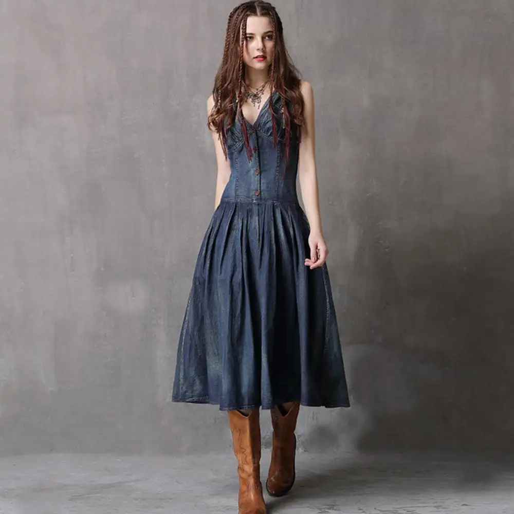 High quality tunic sleeveless V-neck denim dress For Ladies
