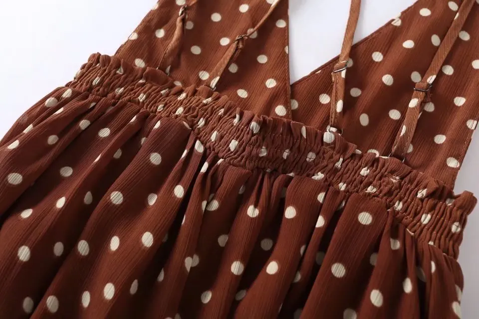 Wholesale Women clothing Cami Brown Polka Dot Pattern Print Jumpsuit