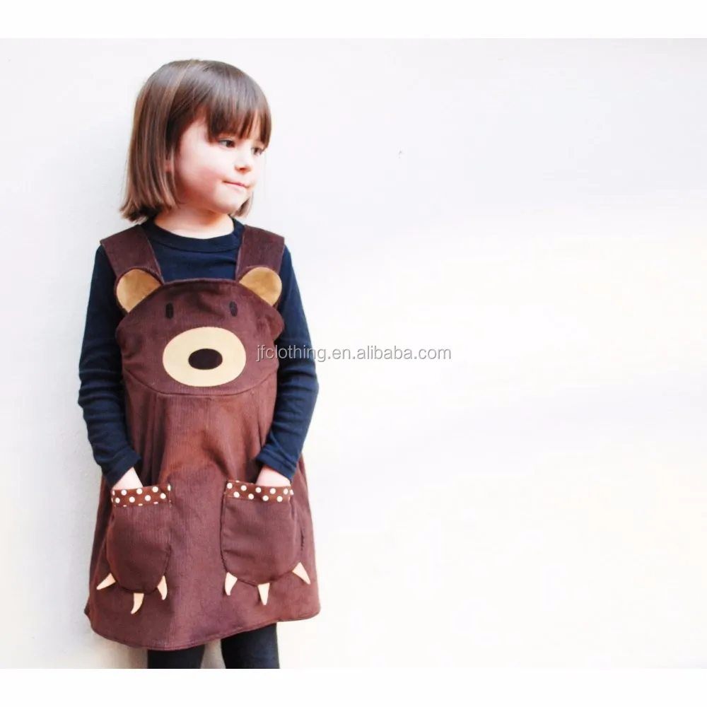 (CD933#brown )2-6Y Big kids girls dresses winter sleeveless bear applique corduroy dresses for girl