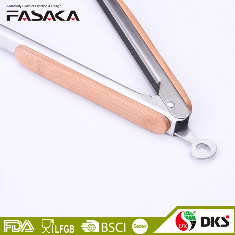 
BMJ0179 Outdoor Camping Bamboo handle stainless steel bbq grill tongs 16 inch 
