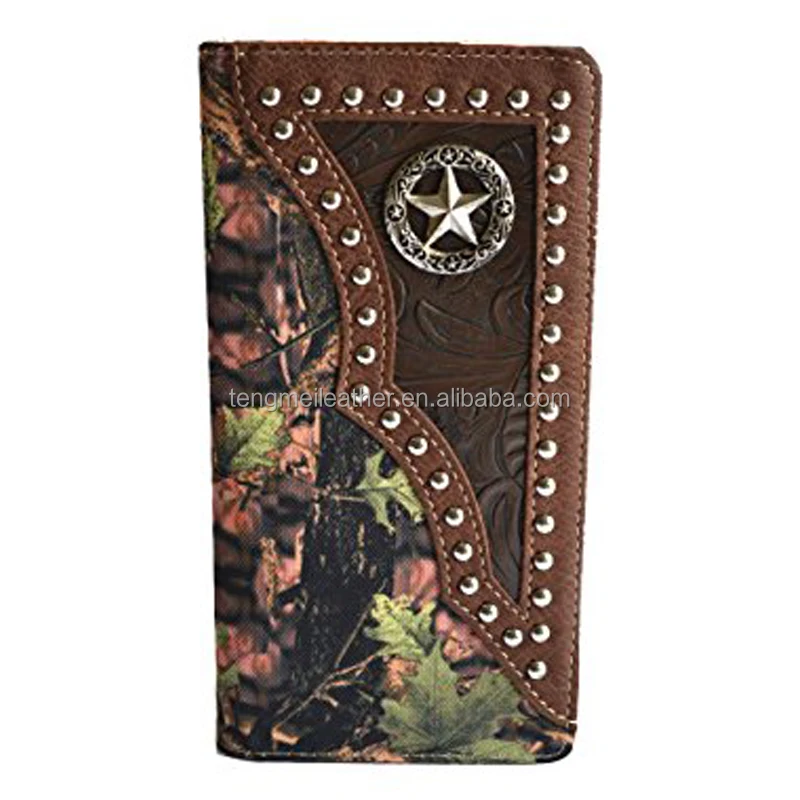 men brown mossy oak Texas star concho studded bifold long western camo wallet
