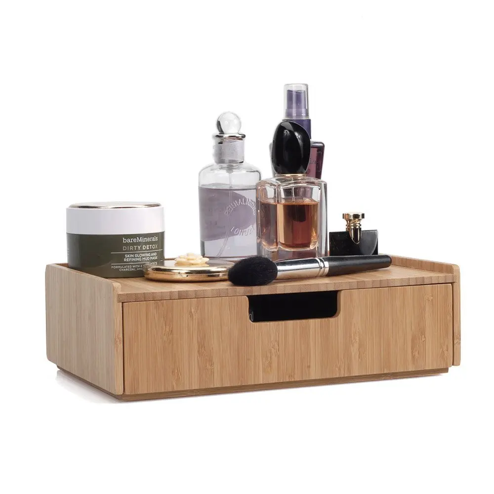 Natural Bamboo Wood Makeup Drawer Organizer Tray Storage Box, Break Resistant Display Case and drawer
