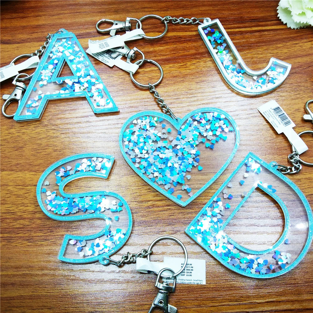 Free Sample Heart Letter Custom Acrylic Keychain Glitter Keychain Charms