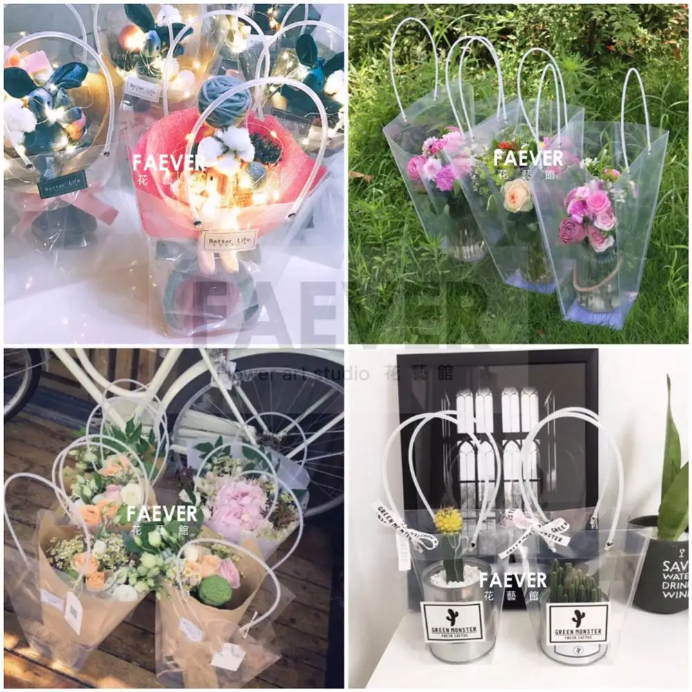 Custom luxury rose waterproof clear plastic transparent pp wedding gift bag flower vase with pvc handle for flower box packaging