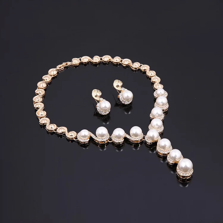 Women 4 Pcs African Fashion Jewelry Sets Luxury Saudi Gold Plated Pearl Pendant Dubai Crystal Wedding Gift Bridal Jewelry Set