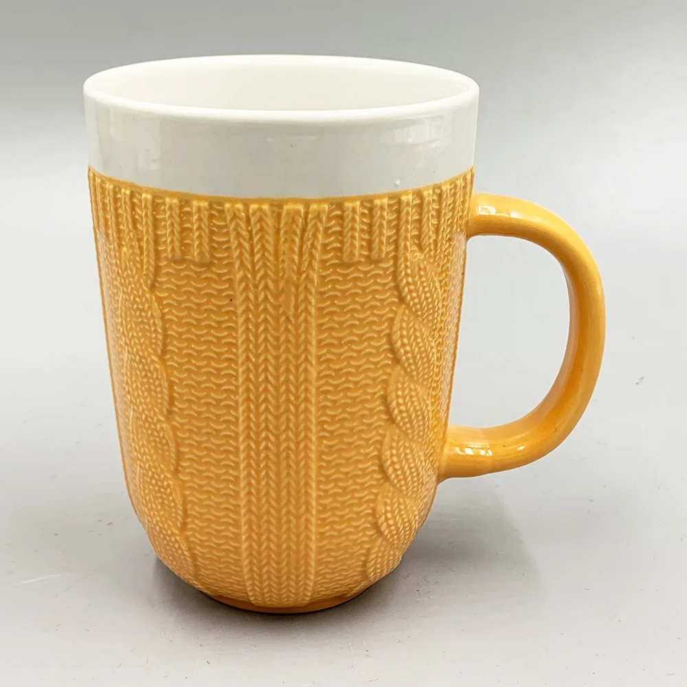 13OZ color glazed decorative ceramic emboss knit pattern mugs