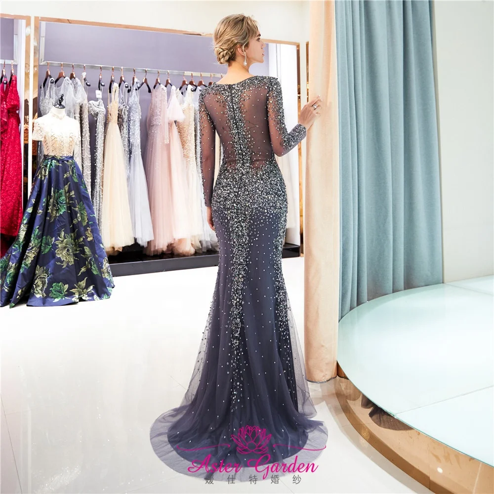 2021 Mermaid Evening Dress Long Sleeves V-Neck Tassel Women Evening Gown Silver Prom Dress beaded  Vestido de Fietsa  PE17
