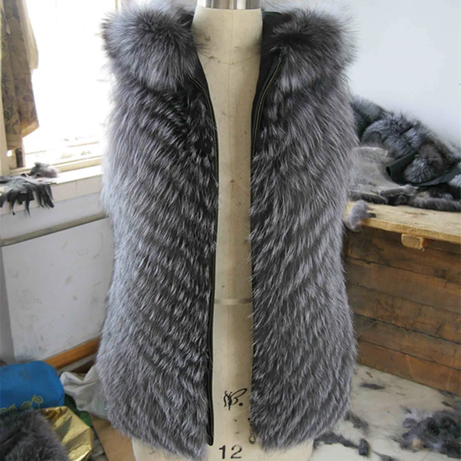 
High Quality Women Genuine Silver Fox Fur Vest with hood 