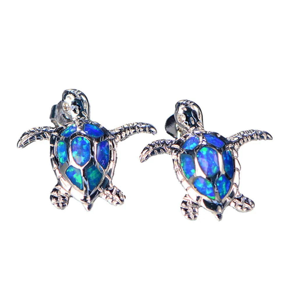 
Australia Blue/Green Fire Opal Sea Turtle Stud Earrings 925 Sterling Silver/Brass Birthstone Jewelry Gift 