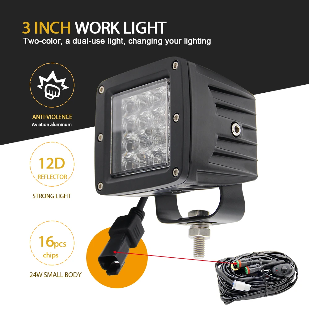 
4x4 Offroad 4 Inch Square Amber waterproof Spot led vehicle Two-color burst flash work light for trucks 
