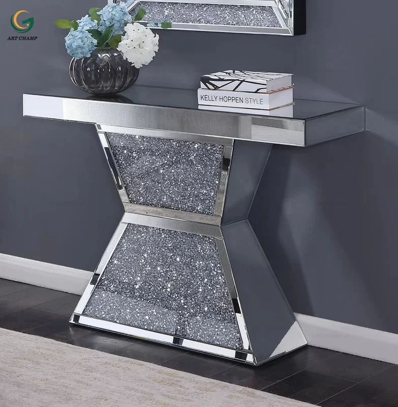 Modern home furniture diamond crush wood silver mirrored glass console table luxury