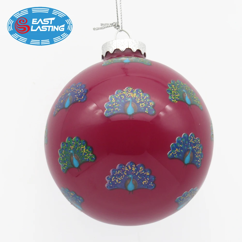 90mm DIY hand painted colored glass Christmas tree ball ornament with beautiful glitter peacock