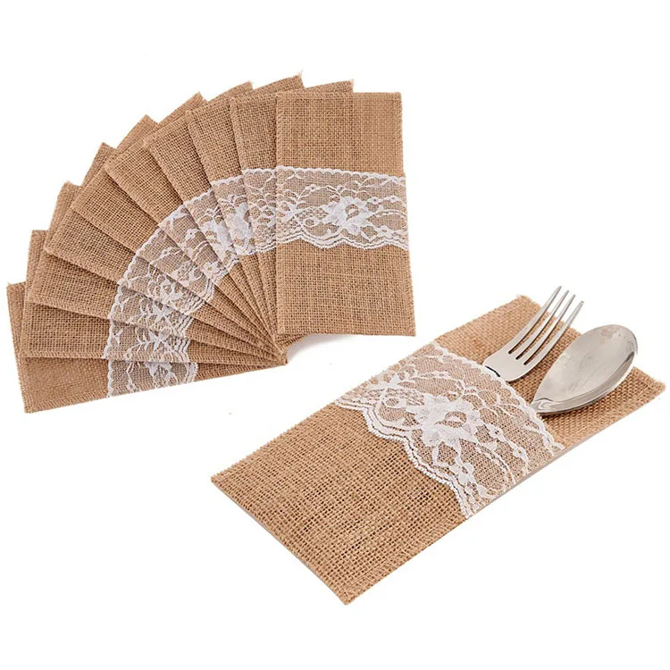 Wedding Decorations Bridal Shower Party Favor Burlap and Lace Cutlery Bags