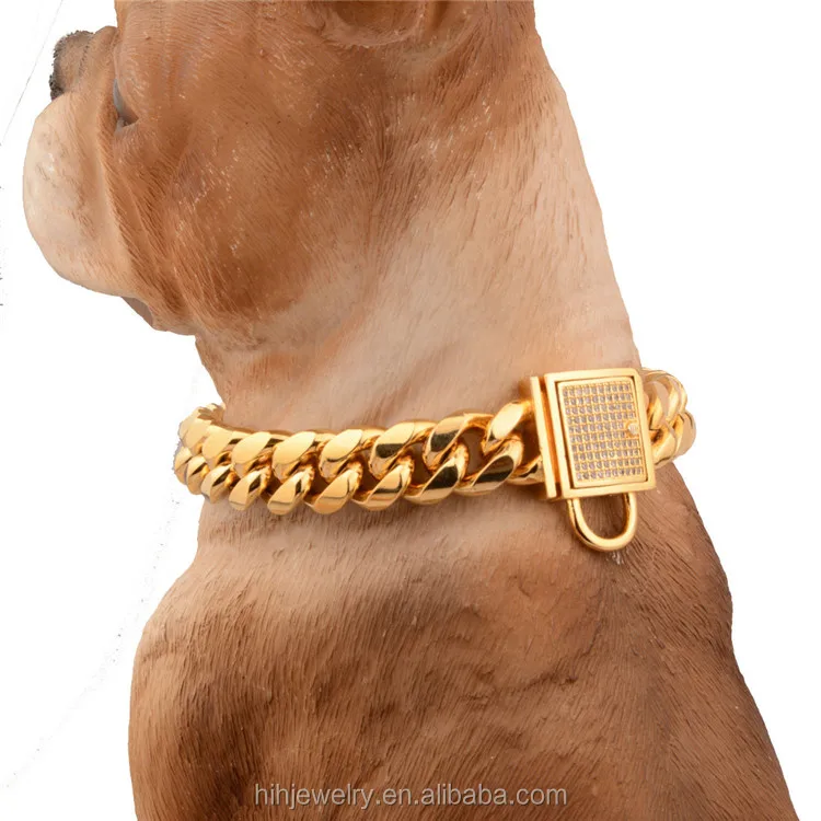 
Wholesale pet shop products luxury stainless steel gold plated choker 14MM chain dog necklace 