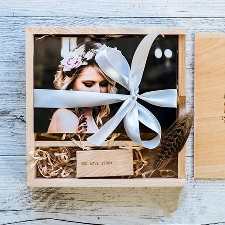Custom USB flash drive wedding photo gift packaging wooden keepsake box