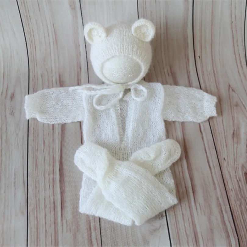 Wool clothes Cap Knitted Baby Teddy Bear Hat and footed Romper Crochet Baby Outfit Photography Props