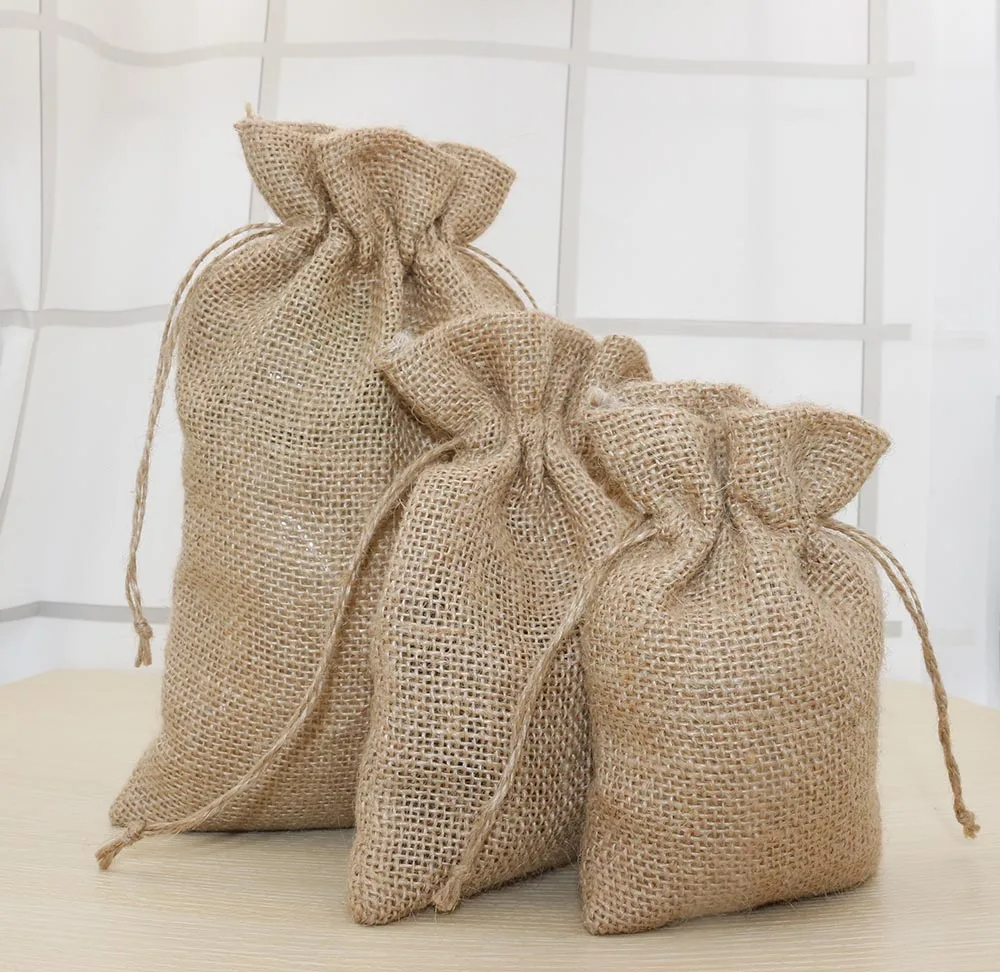 Natural Burlap Jute Gift Bag Drawstring Pouch Wedding Party Jewelry Candy Bags Home Gift Box Storage Bag Vintage
