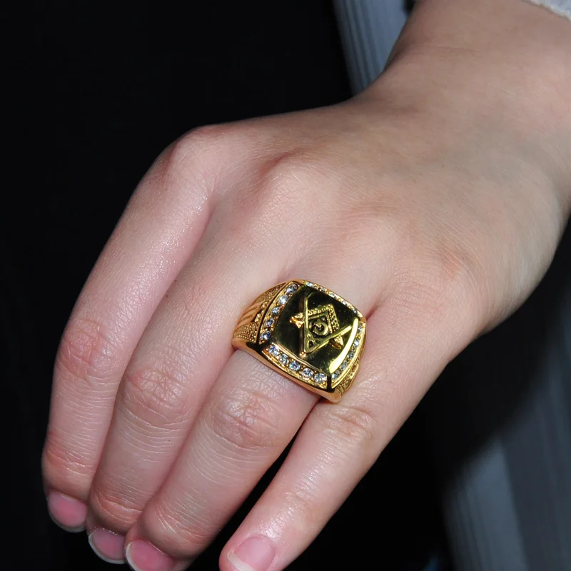 
Master Freemason Masonic Signet Rings Stainless Steel Iced Out Crystal Bling Gold Ring for Men Hip Hop Jewelry 