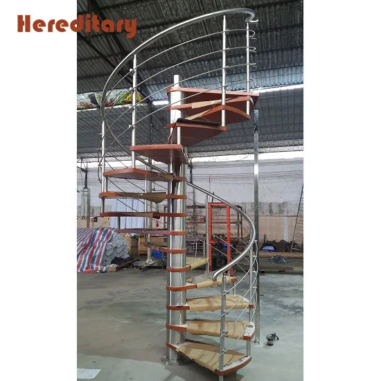 Prefabricated residential steel spiral stairs with thick wood stair treads