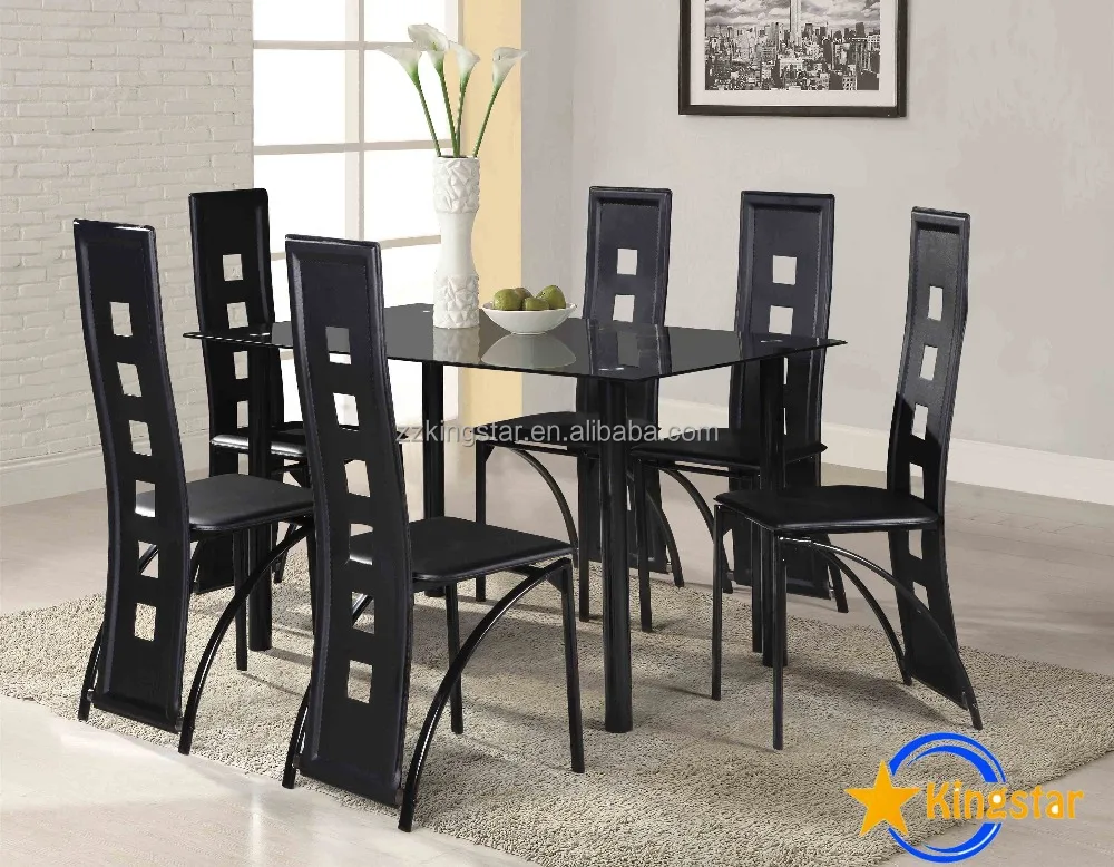 Wholesale glass top dining table and chairs set with 6 PU chairs