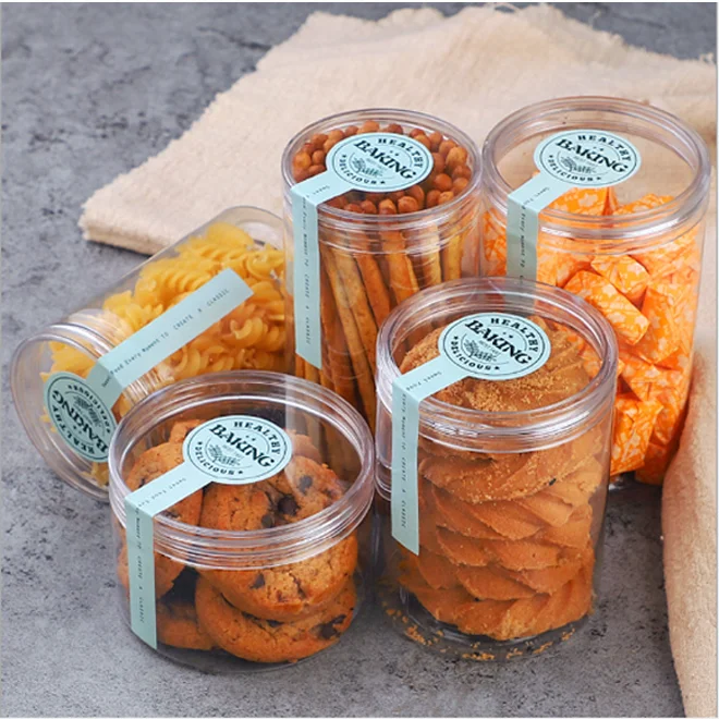 400ml 14oz Wholesale plastic Food storage cookie and candy container transparent round sealable jars with cap and label