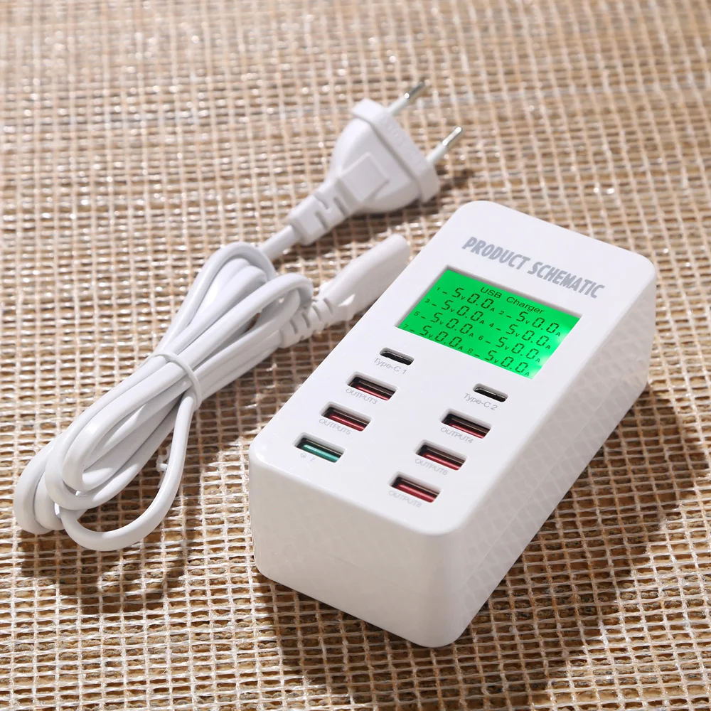 Potable Multi Port Fast charger Intelligent 6 USB+2 type-c USB Charger