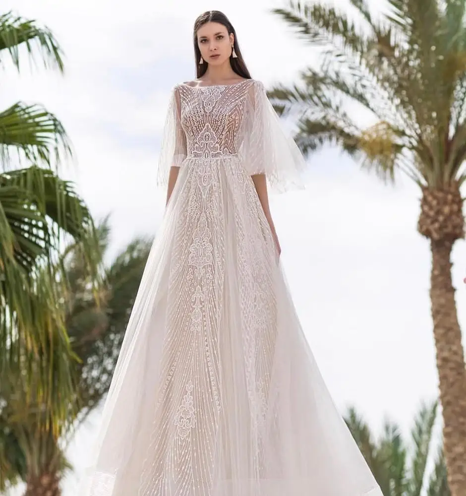 Eslieb A51 2019 Hot Sale Boat Neck Satin Lace Bridal Gown half Sleeve Muslim Gold Wedding Dress Turkey Istanbul