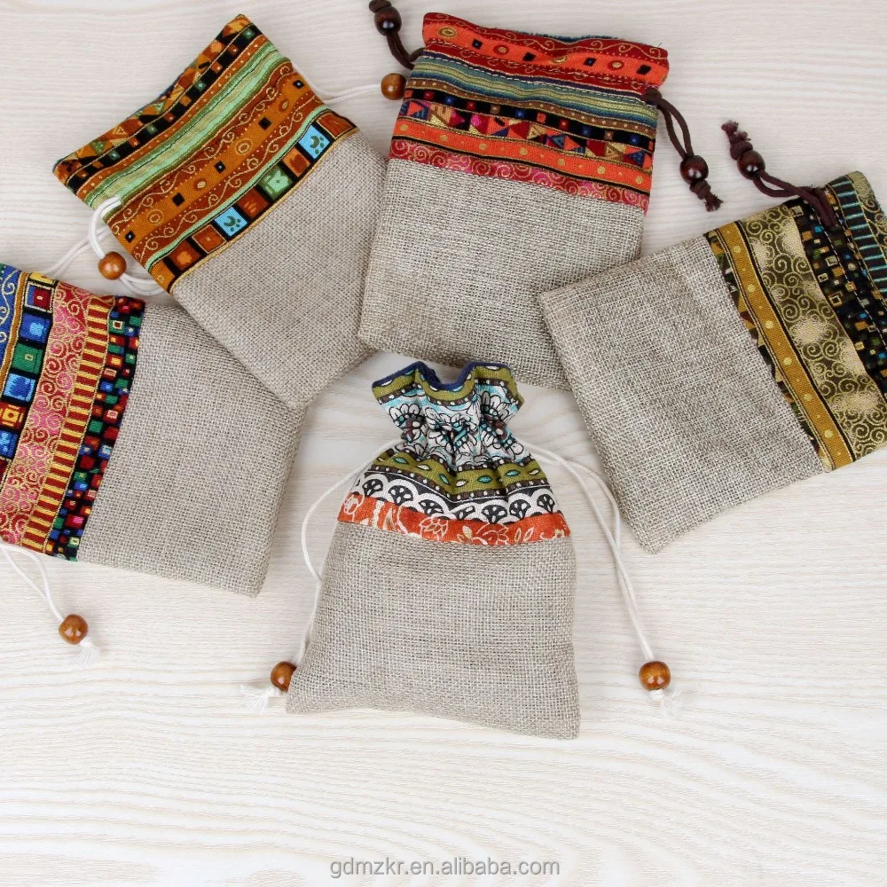 custom creative split joint cotton linen bag hemp drawstring pouch bag