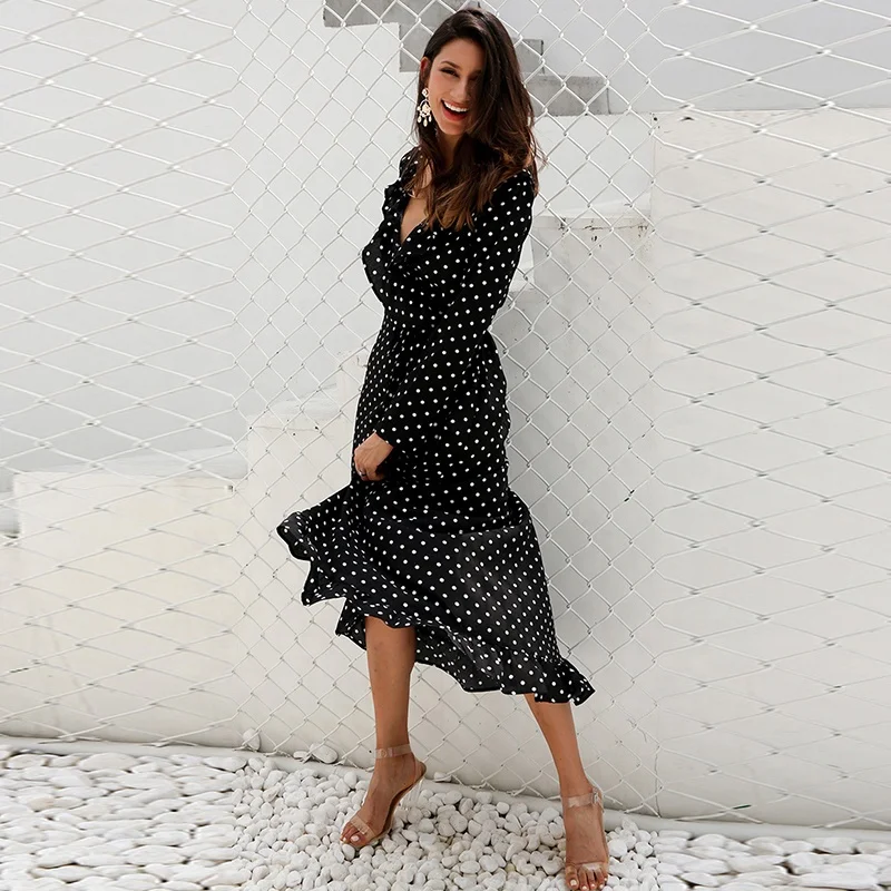 Womens Summer Boho Casual Dress Vintage Long Sleeve Polka Dot Ruffle V Neck Split Maxi Dress