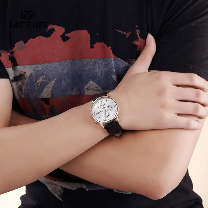 New Male Wrist Watches Business Date Chronograph Hour Clock Genuine Leather Strap Simple Quartz Men Luxury Megir 2011 Watch
