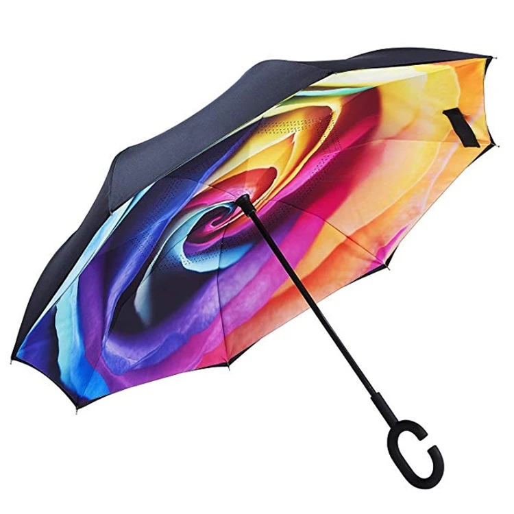 reverse umbrella Rainbow full print inside double layer c handle custom logo print for promotion gift reverse inverted umbrella