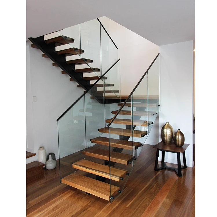 Australian standard mono steel stringer stairs with 40mm thick oak wood treads commercial wooden metal stairs with glass railing