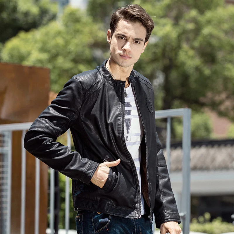 Men Slim Fit Black PU Leather Windbreaker Motorcycle Full Zip Up Track Jacket