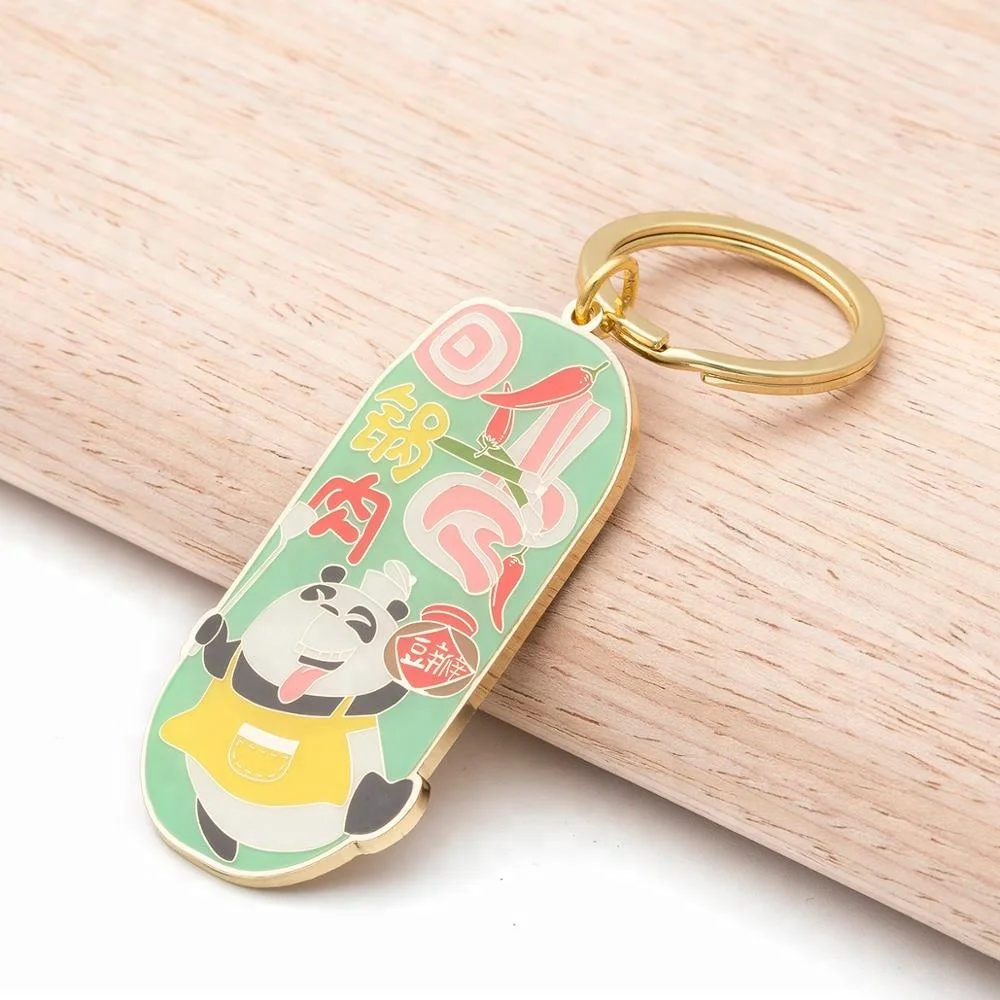 Factory cheap custom soft enamel color 2D design metal key ring panda keychain